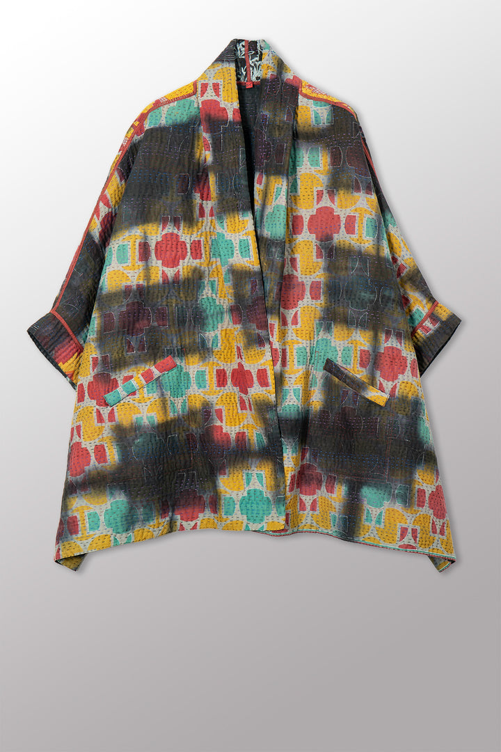 VINTAGE COTTON GREY CLAMP TIE DYE KANTHA DOUBLE COLLAR PONCHO - su4323-0001a -