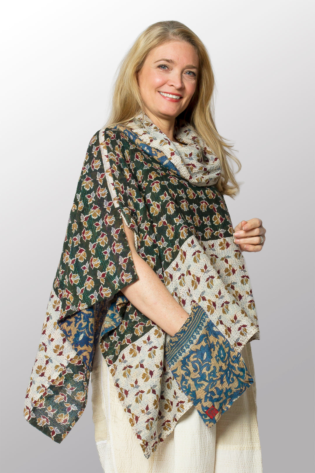 VINTAGE COTTON KANTHA COWL NECK LONG CAPE - cv2842-0002a -