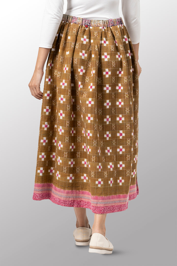 VINTAGE COTTON KANTHA TUCKED GATHER SKIRT - cv2663-0002m -