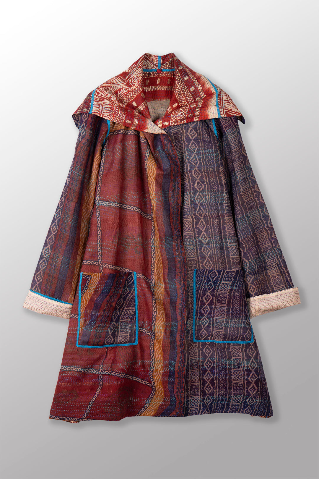 VINTAGE SILK GEORGETTE KANTHA POCKET MEDIUM COAT - sg2316-0001a -