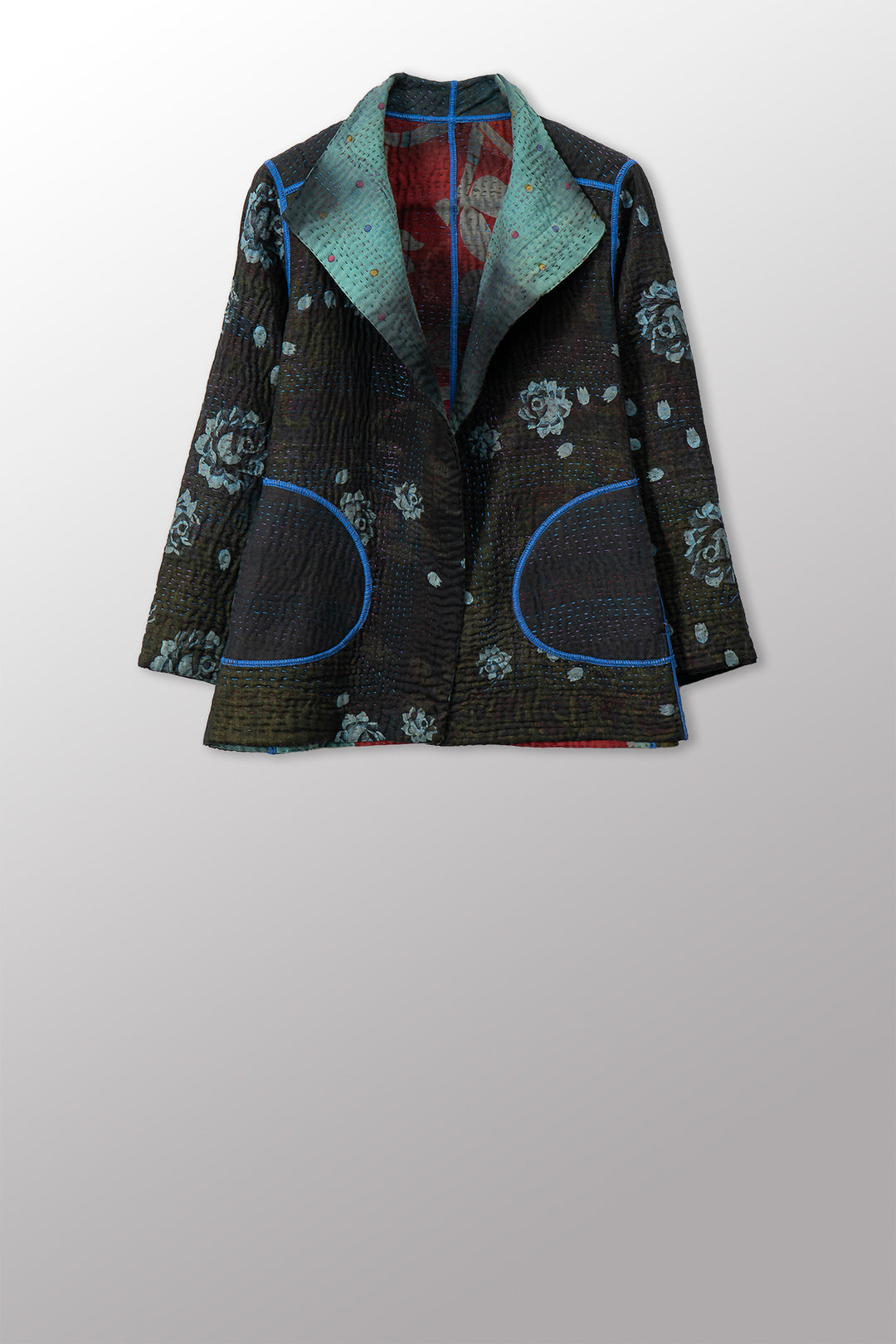 VINTAGE COTTON GREY CLAMP TIE DYE KANTHA SHORT JACKET - su4007-0002s -