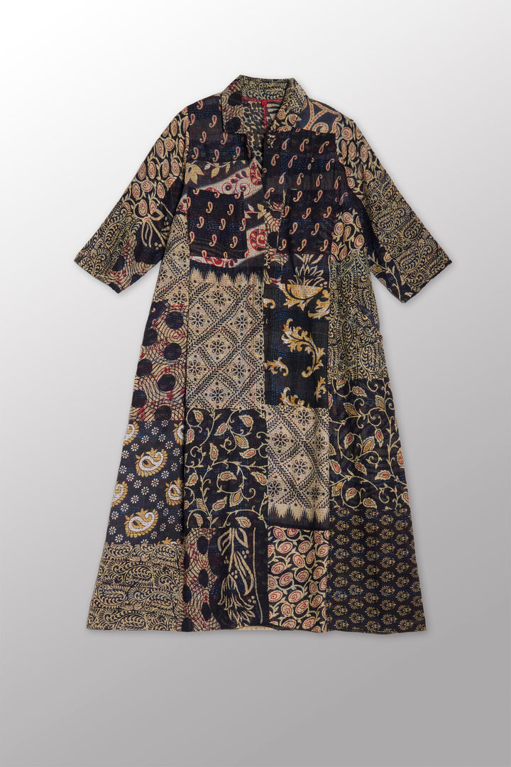 PATCHED PRINT KANTHA SIDE PLEATED DRESS - pp2435-blk -