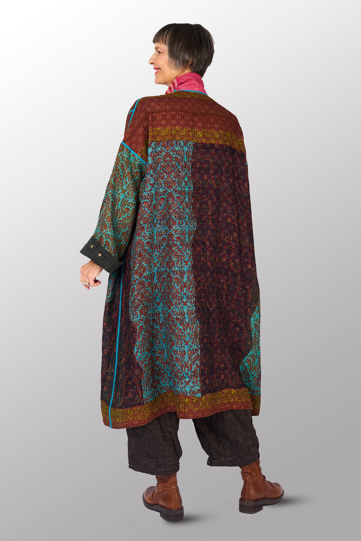 BAGH PRINT KANTHA NEW OVERSIZED COAT - bg4342-brn -
