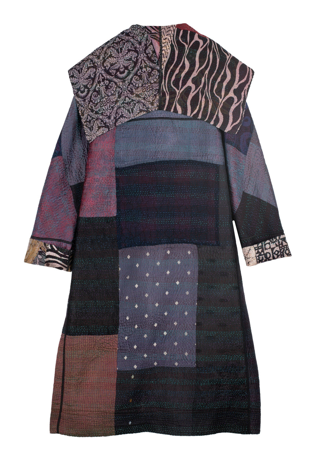 JACQUARD SILK KANTHA A-LINE LONG COAT - js4302-blk -