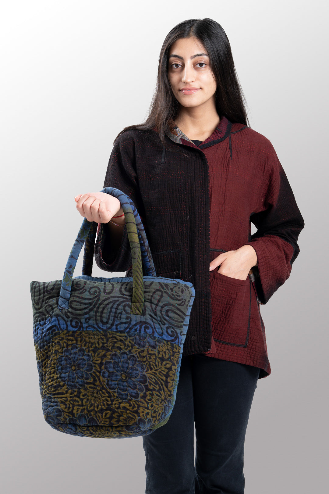 Quilted Overdye Cotton Kantha Bucket Tote #0008