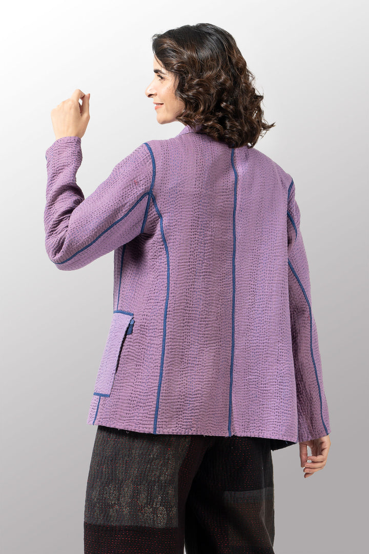 COTTON STRIPE PATCH KANTHA BASIC JACKET - cs4052-prp -