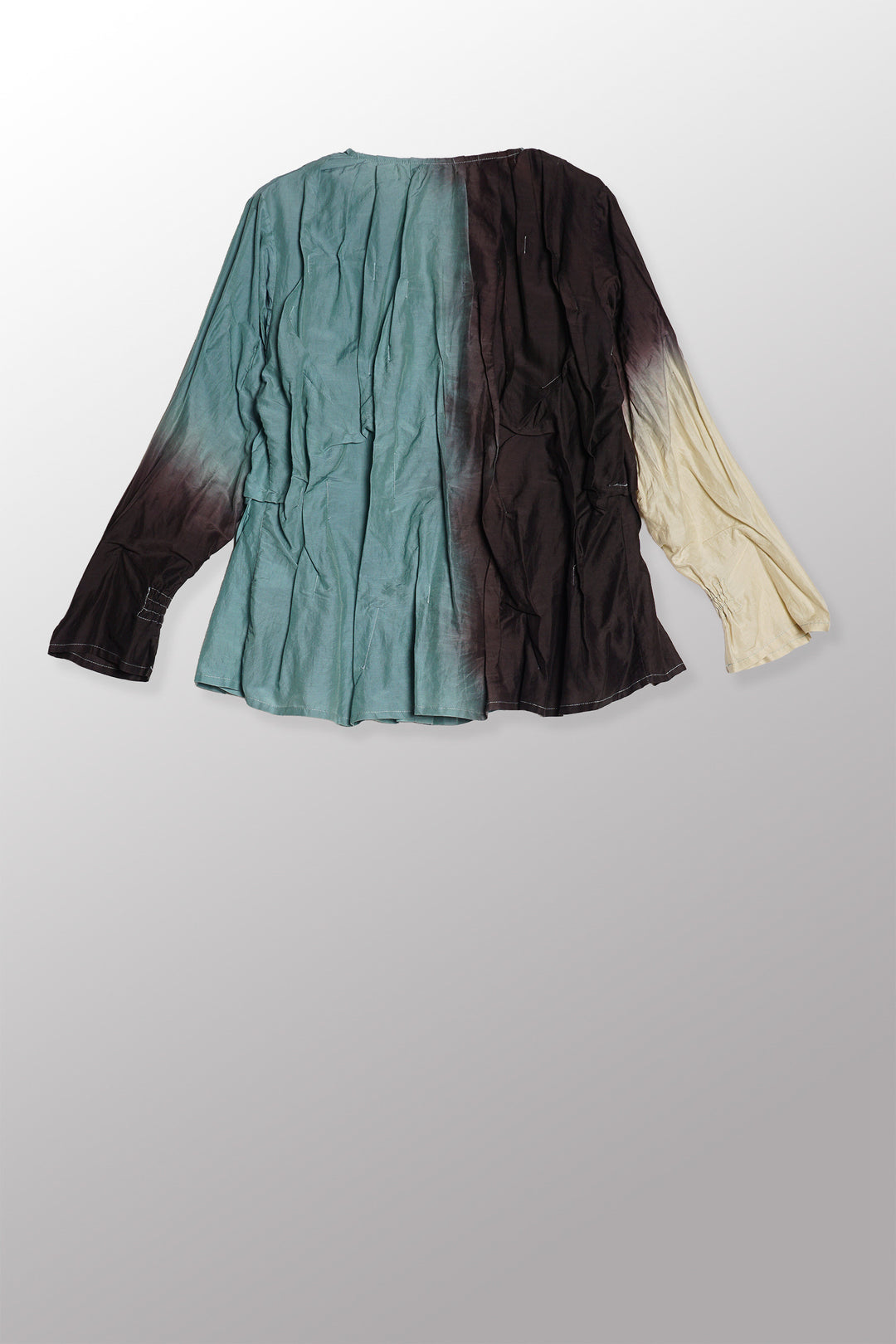 DYED COTTON SILK VOILE WAVY V-NECK TUCKED BLOUSE - dc1542-ogn -