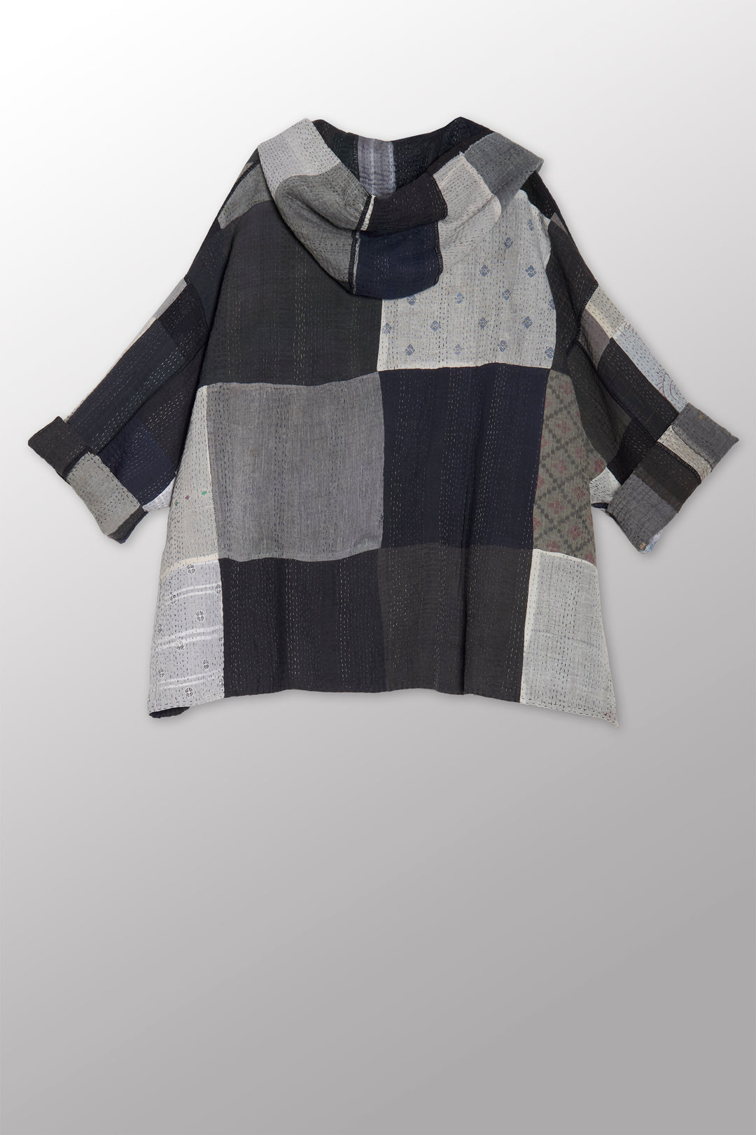 STRIPE AND CHECK COTTON SILK PATCH KANTHA HOODIE PONCHO - ss4064-blk -