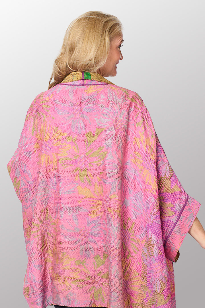 GEORGETTE JACQUARD VINTAGE SILK PATCH KANTHA DOUBLE COLLAR PONCHO - gj2323-0001a -