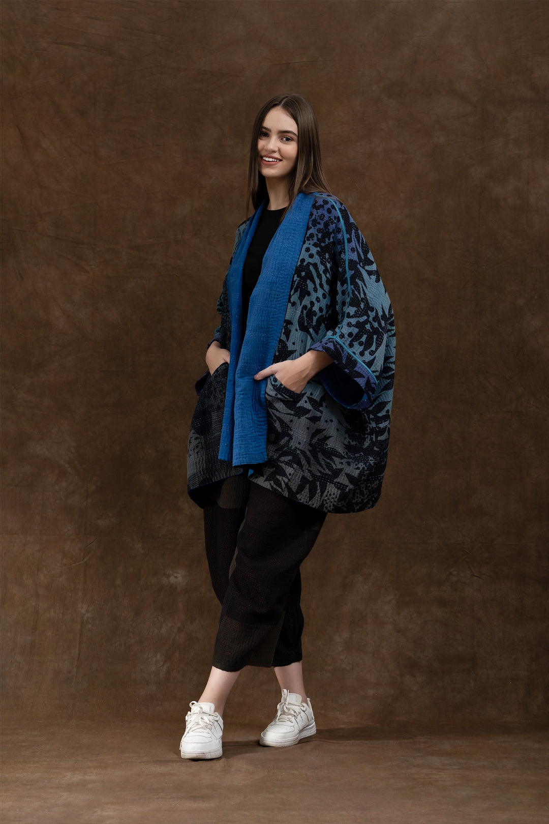 MONOTONE TWILIGHT PRINT KANTHA DOUBLE COLLAR PONCHO - tp4323-blu -