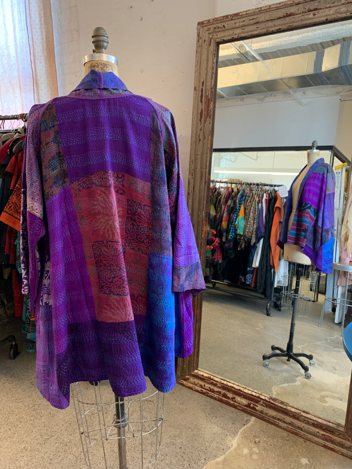 GEORGETTE VINTAGE SILK PATCH KANTHA KIMONO JACKET - gs2004-prp -