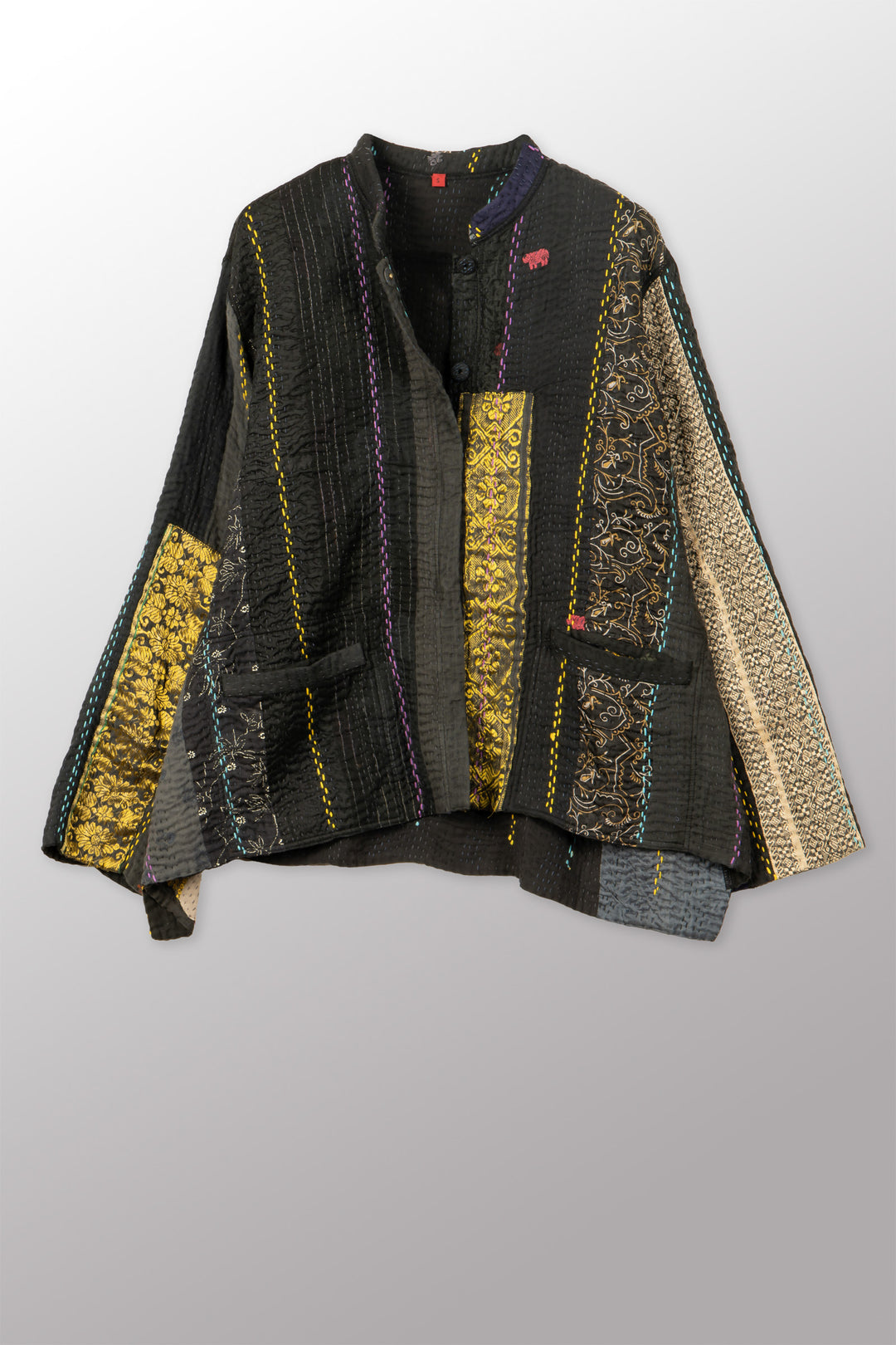 JEWEL WOVEN WITH VERTICAL PATCH KANTHA KAFTAN JACKET SHORT - jv4088-blk -