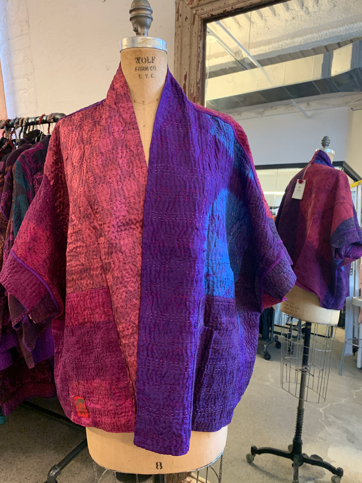 TIE DYE CIRCLE SHIBORI KANTHA MINI PONCHO - td4060-prp -