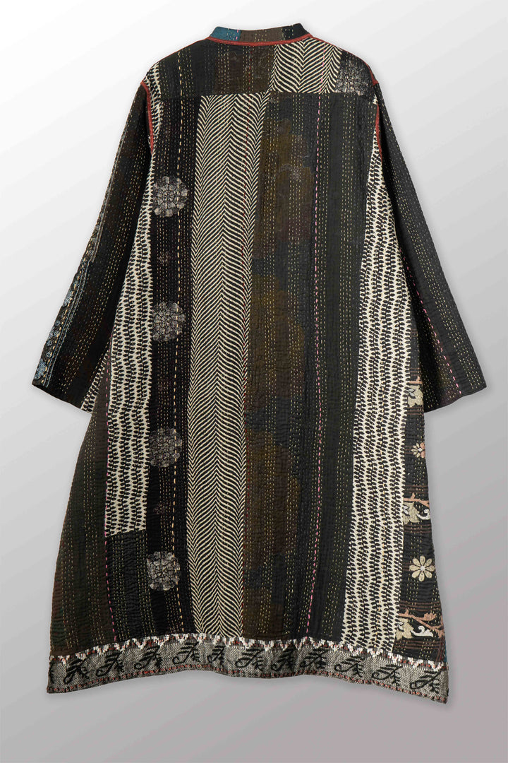 STRIPE RALLIS KANTHA KAFTAN COAT - pr4343-blk -