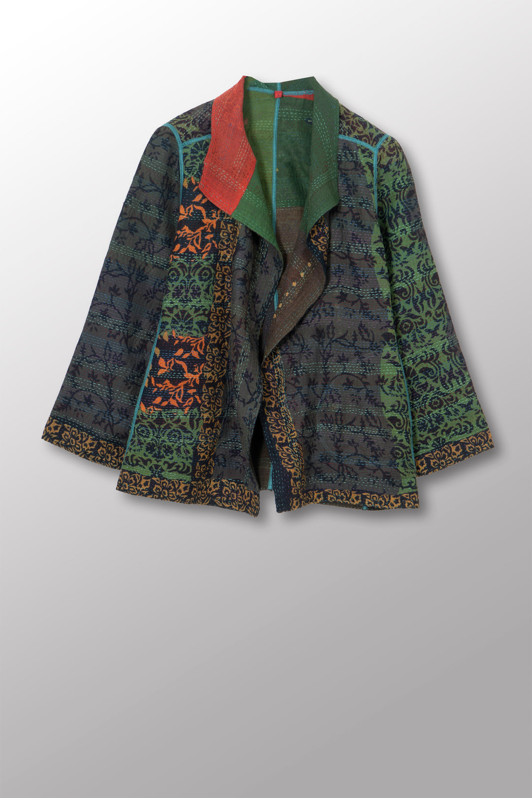 BAGH PRINT KANTHA SHORT JACKET - bg2007-grn -