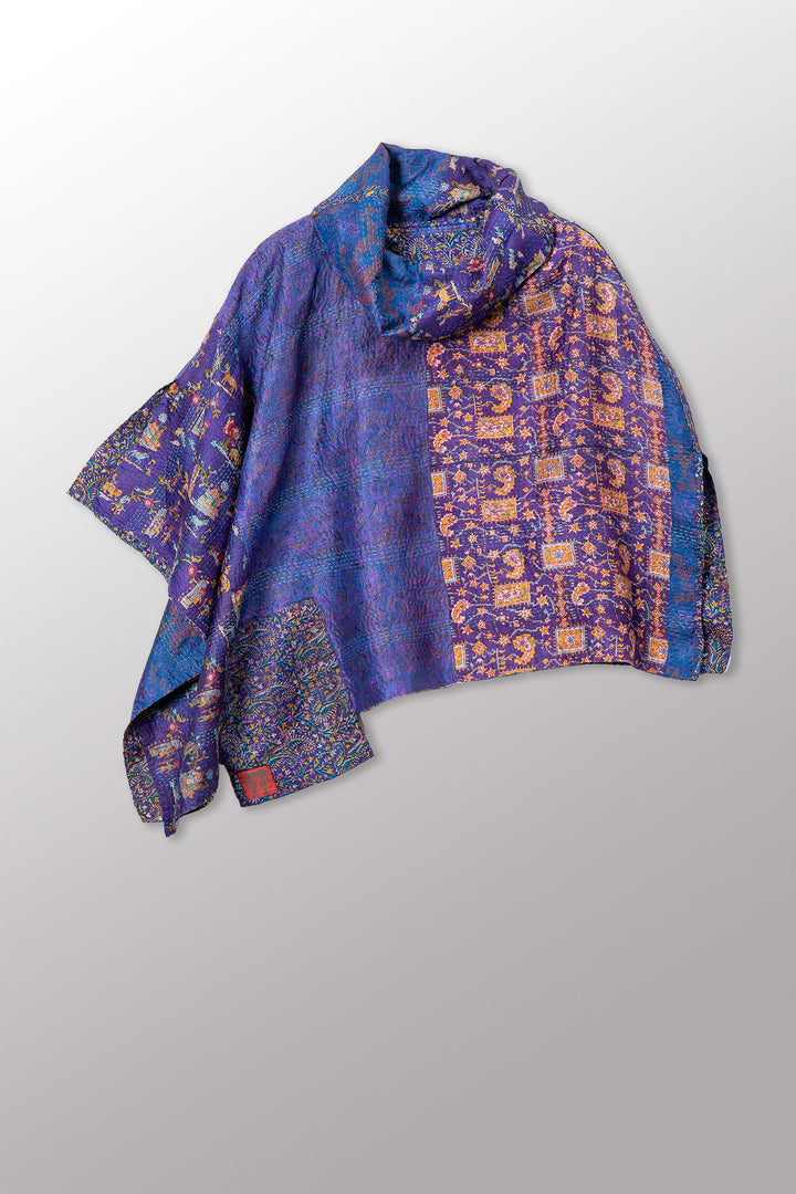 VINTAGE SILK KANTHA COWL NECK LONG CAPE - sv2842-0004a -