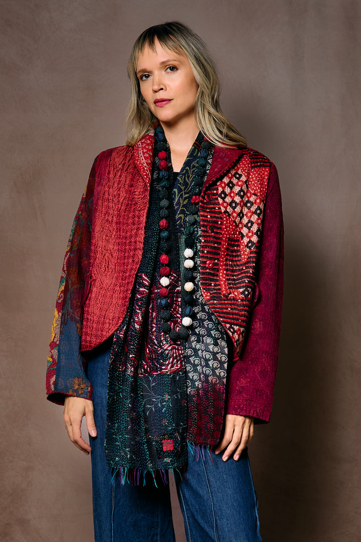 JACQUARD SILK KANTHA CROPPED BASIC JACKET - js4096-cmar003m -