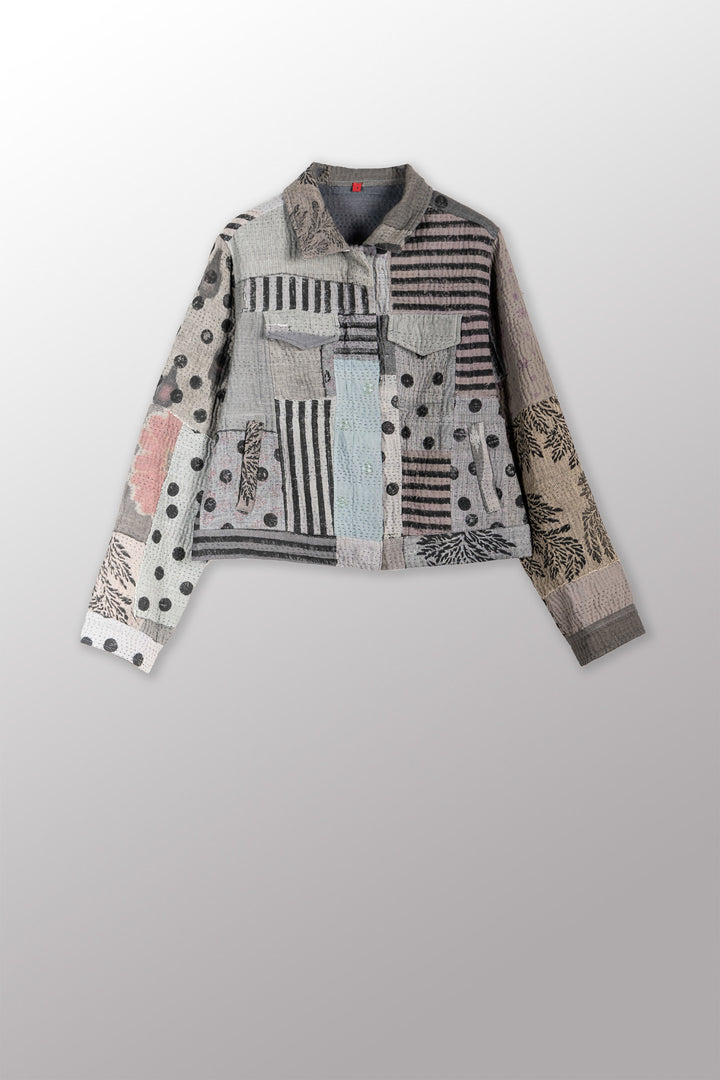 FRAYED PATCH KANTHA WITH STAMP TRUCKR JACKET - sp-fi4091-gry -