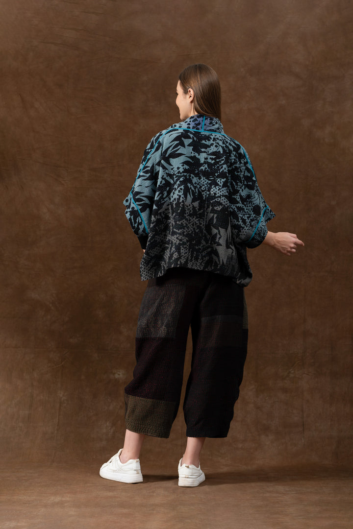 MONOTONE TWILIGHT PRINT KANTHA MINI PONCHO - tp4060-blu -