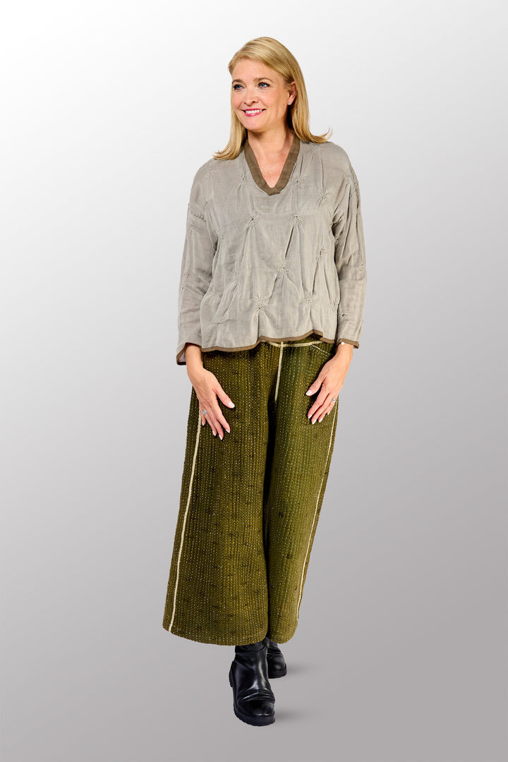 GAUZE SHIBORI GARMENT KANTHA SPIRAL KANTHA V-NECK LONG SLV. TOP - bl-gg2593-ntl -