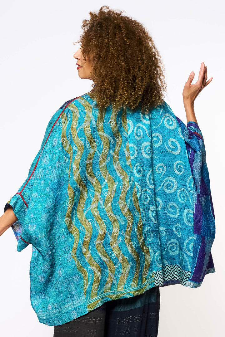 VINTAGE SILK KANTHA DOUBLE COLLAR PONCHO - sv2323-0021a -