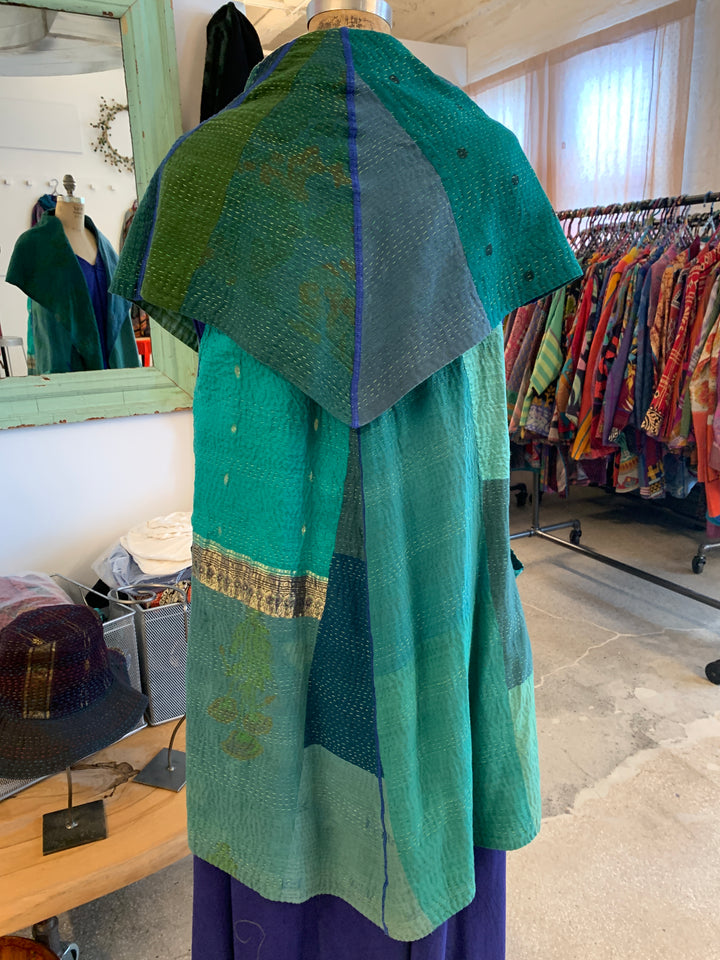 COTTON SILK SW PATCH KANTHA CIRCULAR VEST - ws2201-tel -