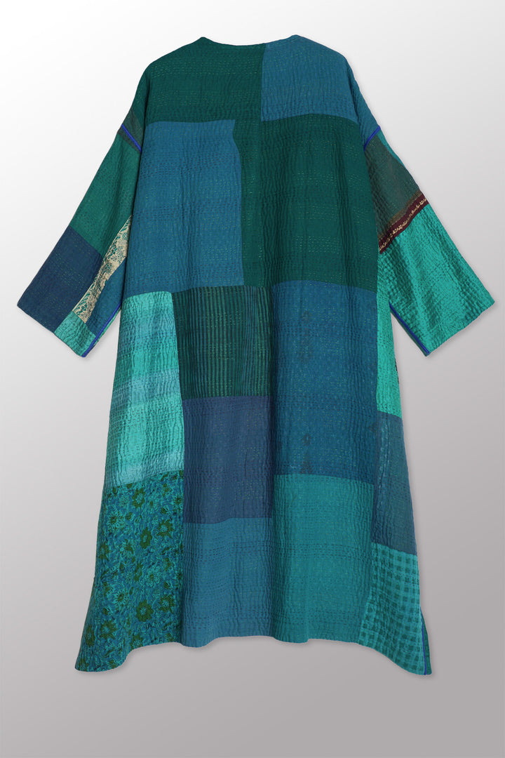COTTON SILK SW PATCH KANTHA LONG DUSTER - ws4328-tel -