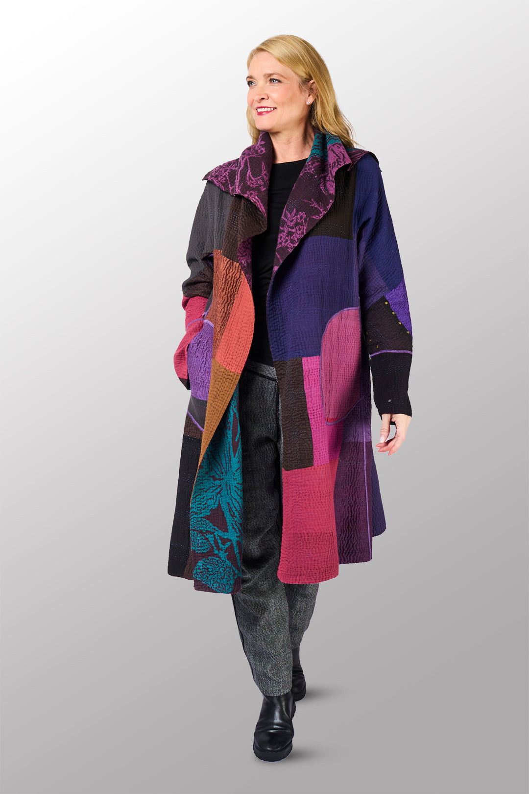 NIGHT FLOWERS KANTHA A-LINE COAT - nl4309-prp -