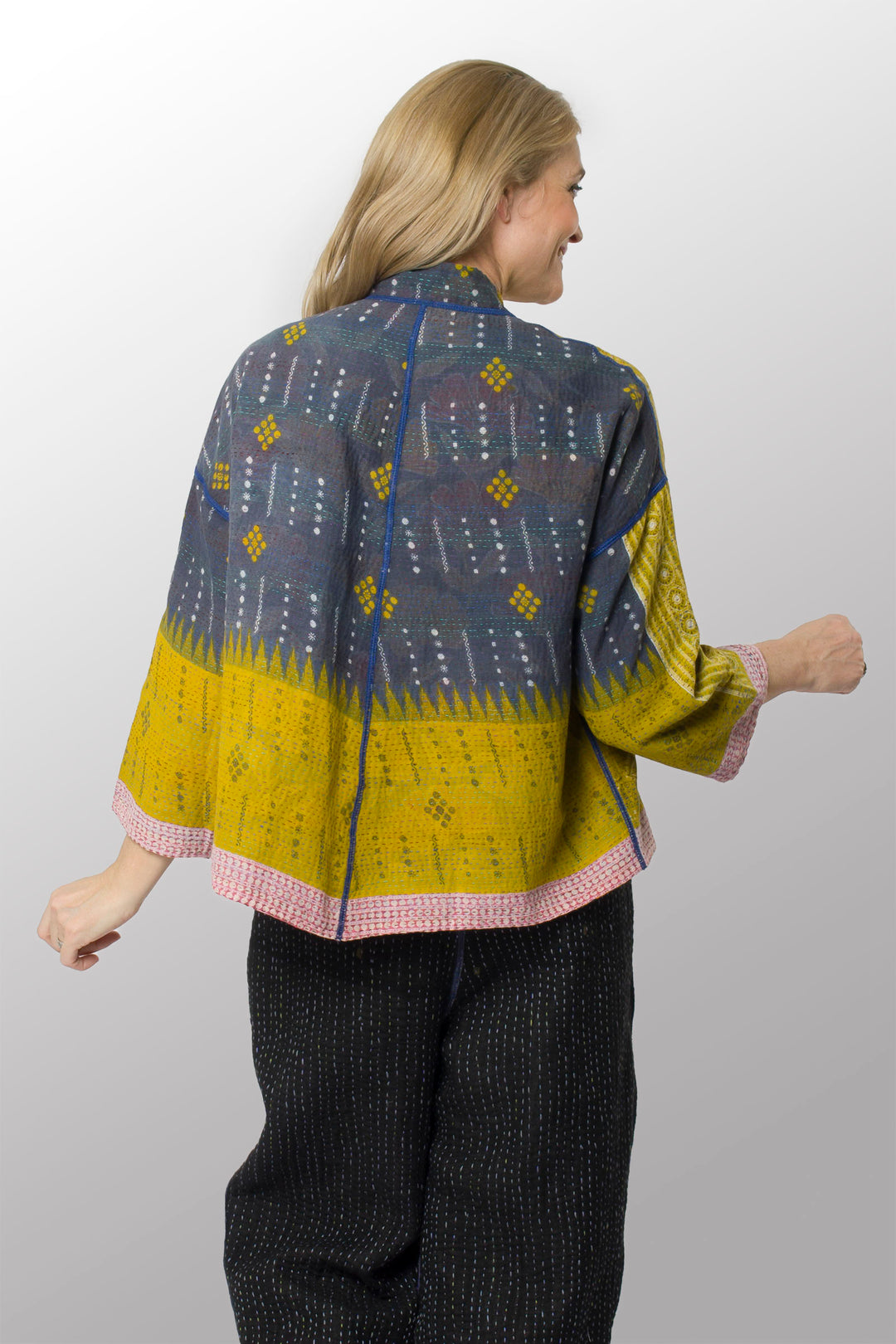 VINTAGE COTTON KANTHA STAND COLLAR CROPPED JKT - cv2034-0071a -