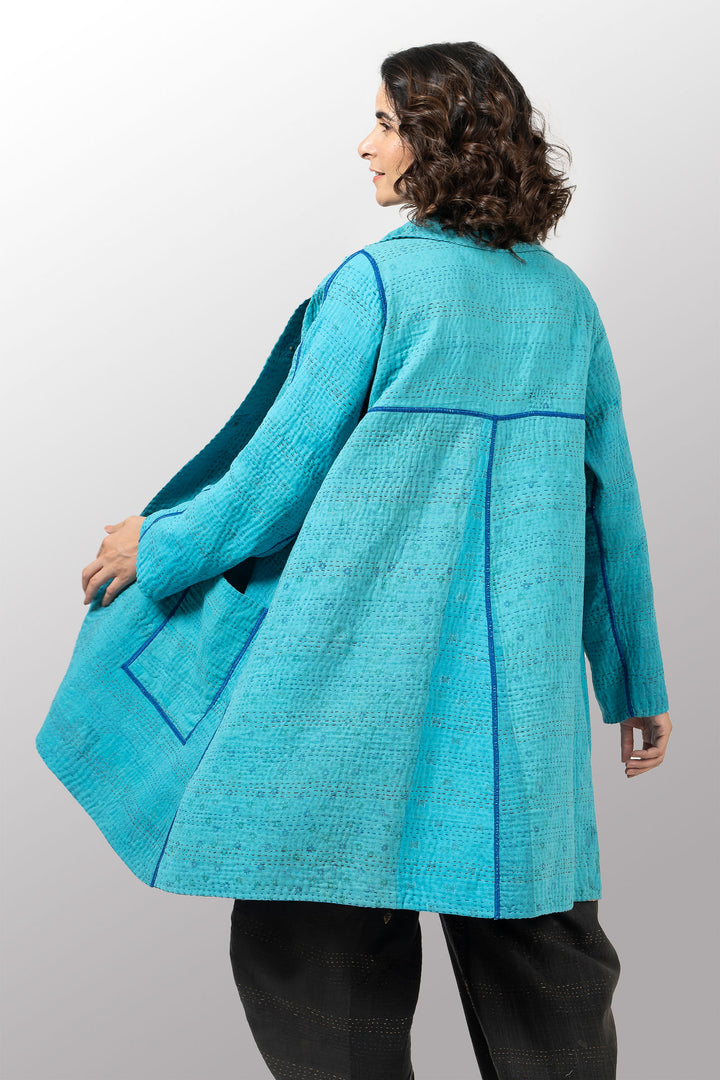 COTTON SILK SW PATCH KANTHA A-LINE DUSTER - ws4311-tuq -