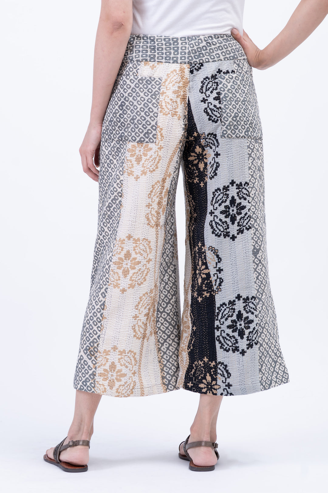 KIMONO COTTON KANTHA MID RISE WIDE LEG PANTS - kc2665-gry -