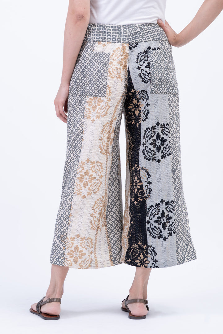KIMONO COTTON KANTHA MID RISE WIDE LEG PANTS - kc2665-gry -