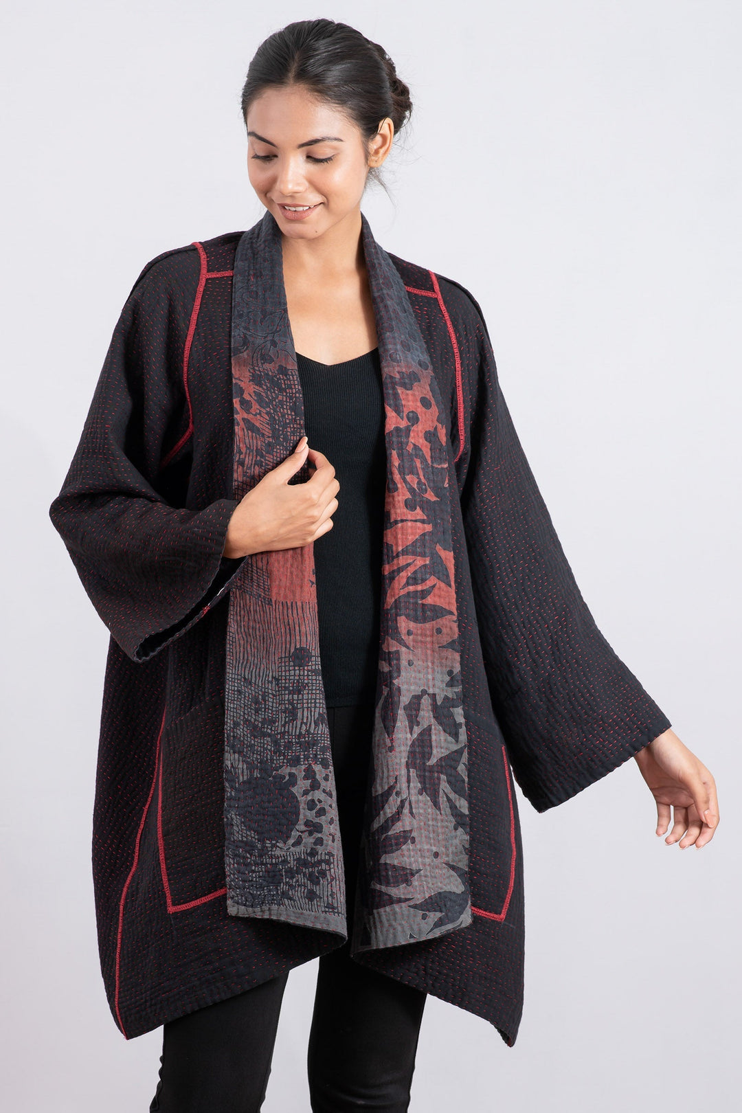 MONOTONE TWILIGHT PRINT KANTHA A-LINE JKT - tp4003-red -