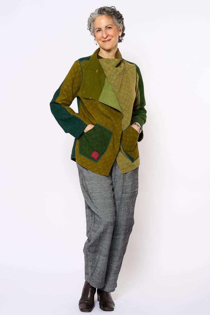 FRAYED PATCH MIX KANTHA WING COLLAR JACKET - fm4013-grn -