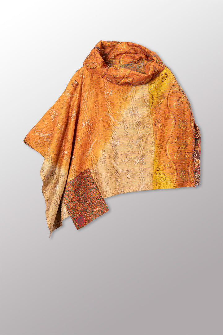 VINTAGE SILK KANTHA COWL NECK LONG CAPE - sv2842-0012a -