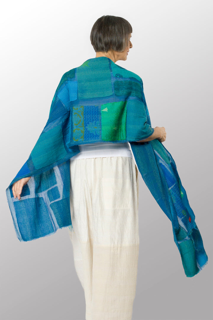 TONAL TILE PATCH KANTHA SCARF STANDARD - tt2801-blu -