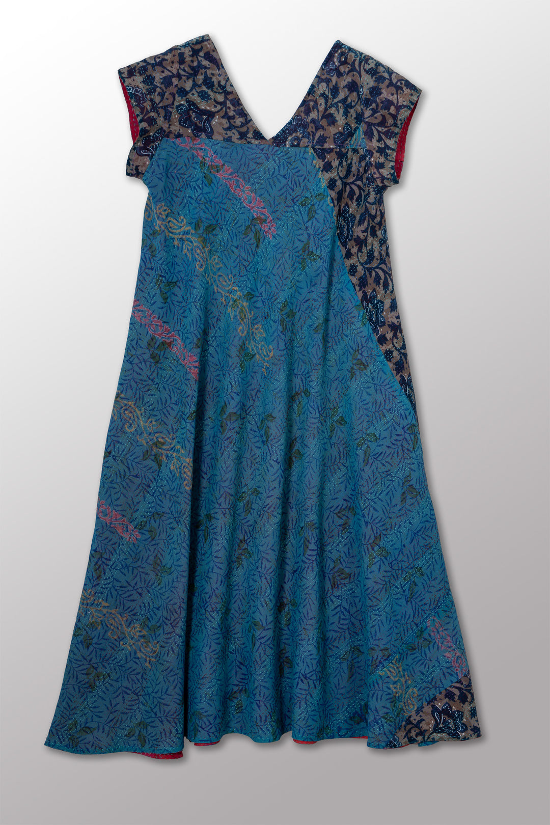 VINTAGE SILK GEORGETTE COTTON KANTHA CAP SLV. FLARE DRESS - gc2425-0004s -