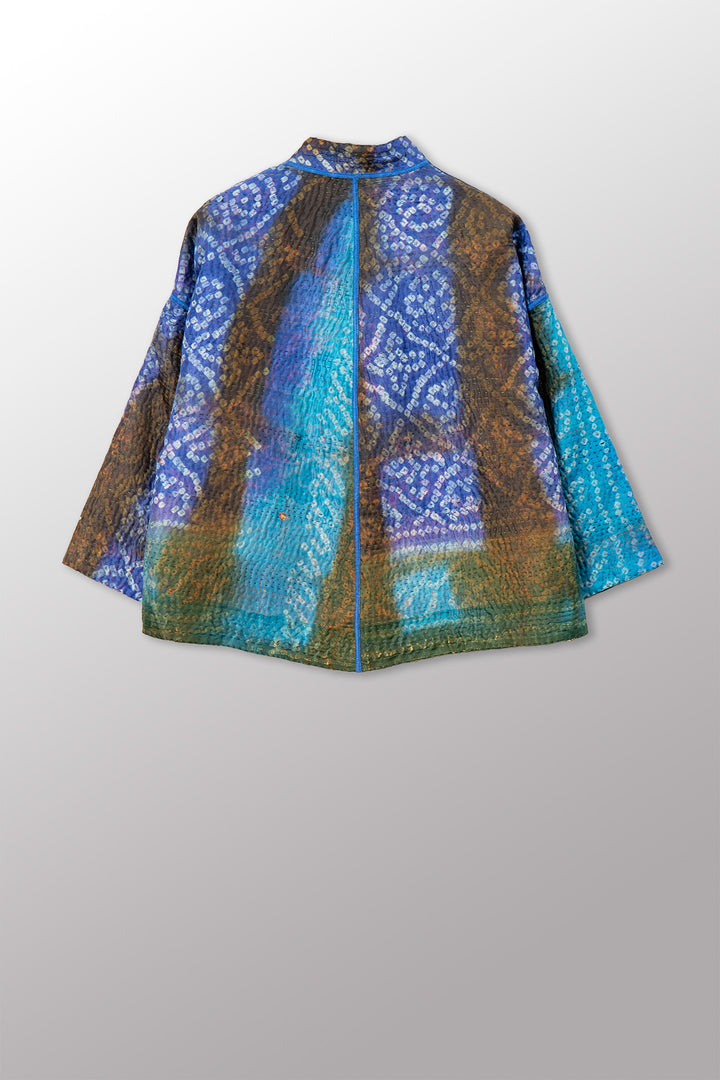 VINTAGE PRINTED SILK CLAMP DYE WITH JACQUARD KANTHA STAND COLLAR CROPPED JACKET - sk4034-0001a -