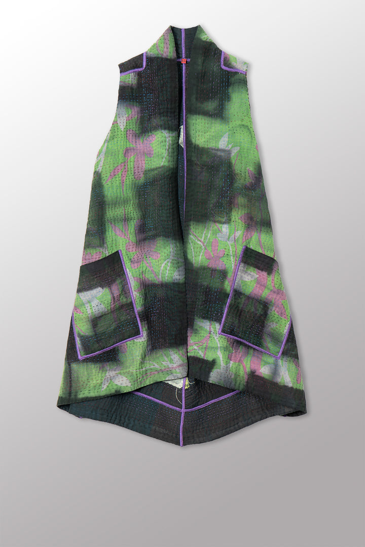 VINTAGE COTTON GREY CLAMP TIE DYE KANTHA A-LINE VEST - su4203-0001a -