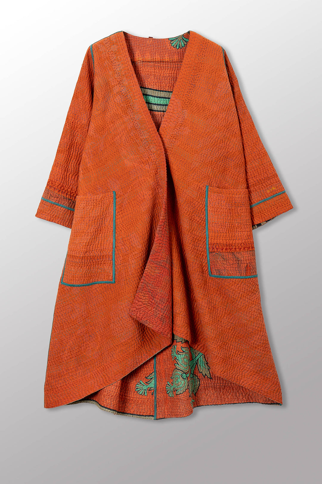 COTTON OVERDYE KANTHA WRAP FLARE COAT - ov4330-corg001a -
