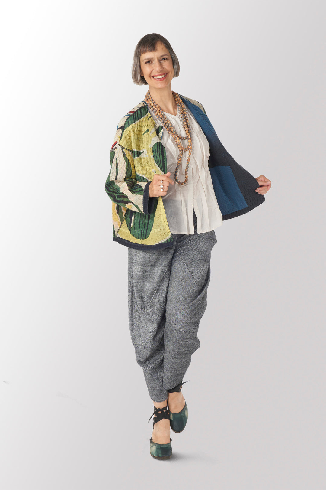 STRIPE AND BENDS KANTHA CREW NECK SHORT JACKET - sb4053-grn -