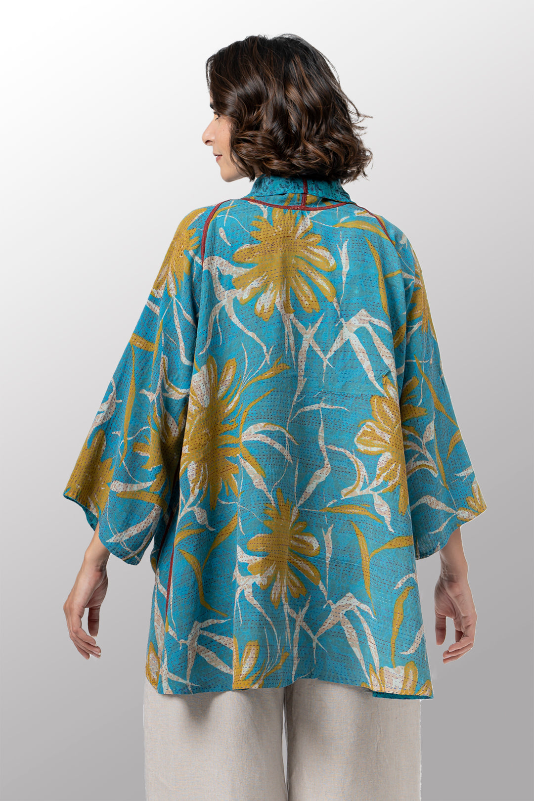 VINTAGE SILK GEORGETTE COTTON KANTHA KIMONO JKT - gc2004-0007a -