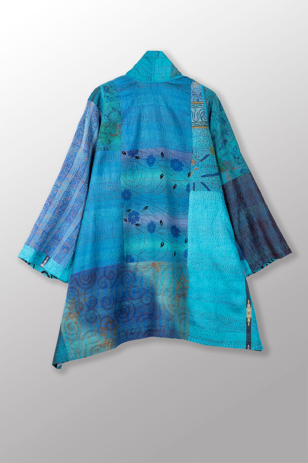 GEORGETTE VINTAGE SILK PATCH KANTHA A-LINE JKT - gs2003-tuq -