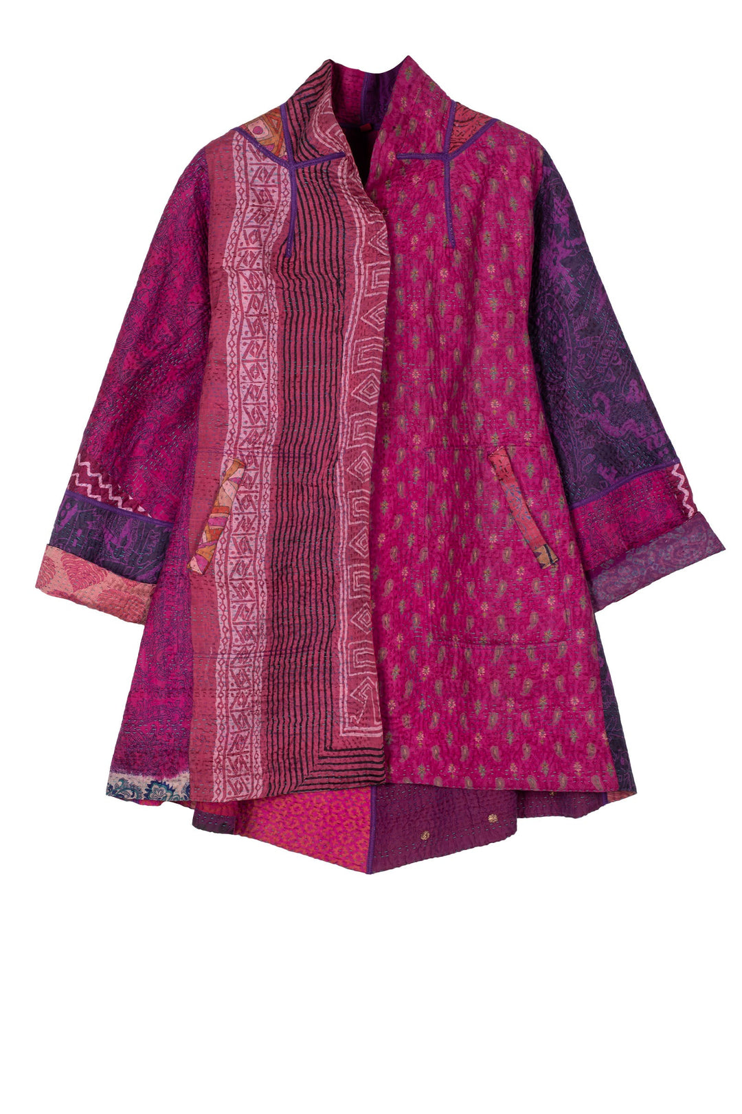 JACQUARD SILK KANTHA FLARE LONG JACKET - js4021-pik -