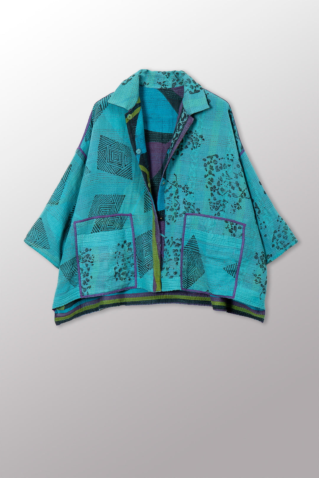 VINTAGE COTTON & NEW VOILE KANTHA CROPPED TENT SHIRT - cn2596-0004a -