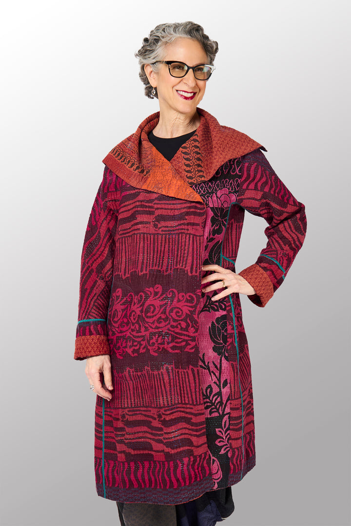 COTTON OVERDYE KANTHA A-LINE COAT - ov4309-cred002a -