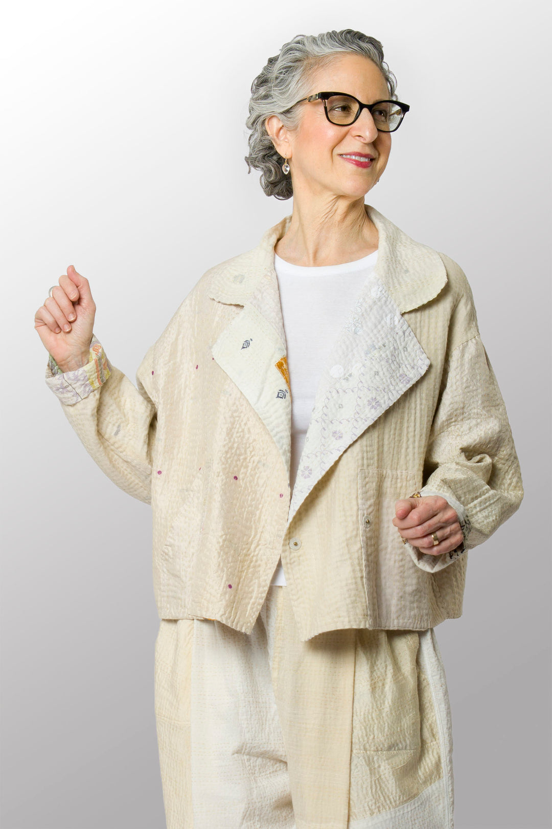 JEWEL WOVEN WITH VERTICAL PATCH KANTHA LAPELED SHORT JACKET - jv4081-ivy -