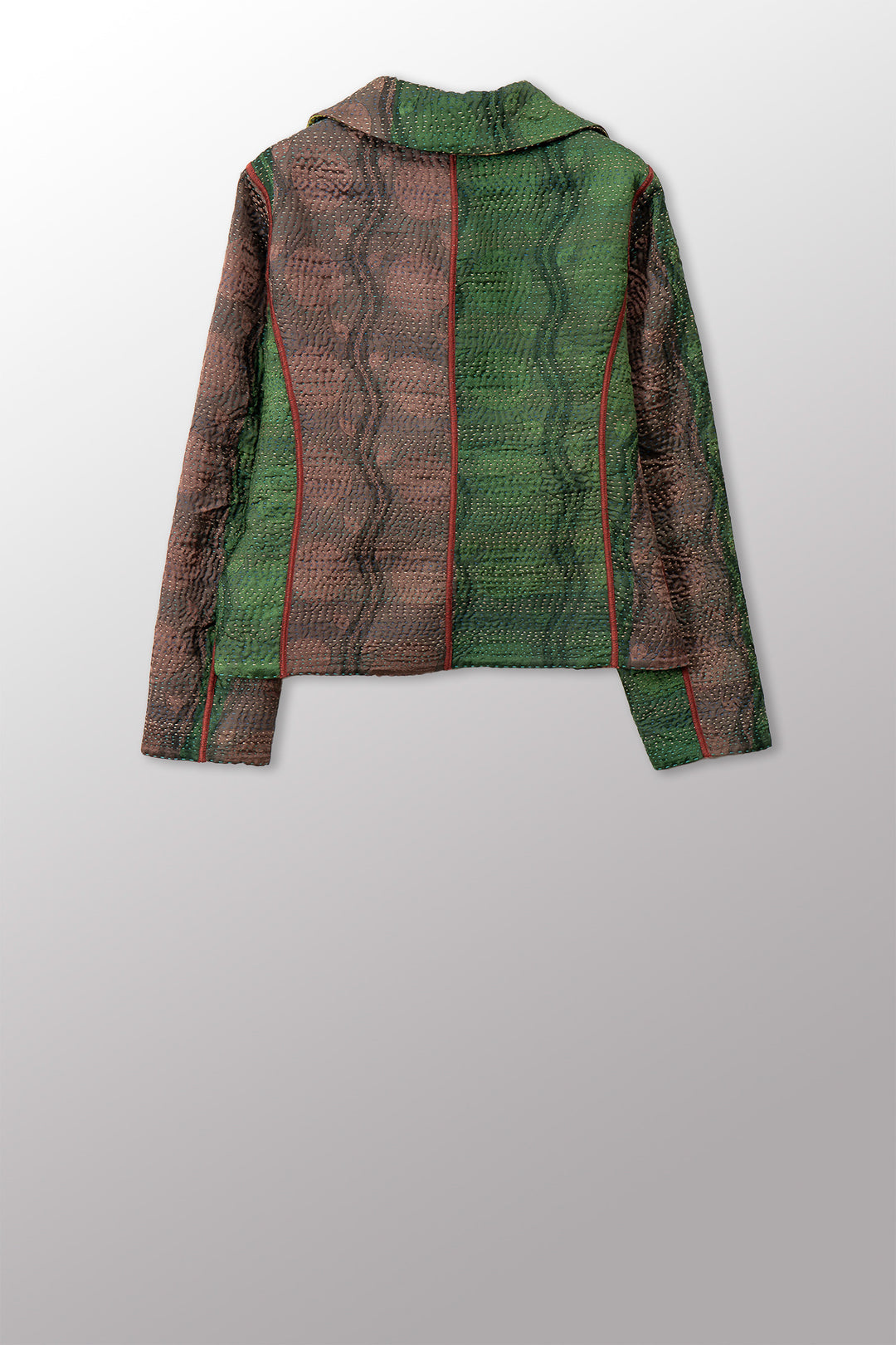 VINTAGE PRINTED SILK CLAMP DYE WITH JACQUARD KANTHA CROPPED BASIC JACKET - sk4096-0001m -