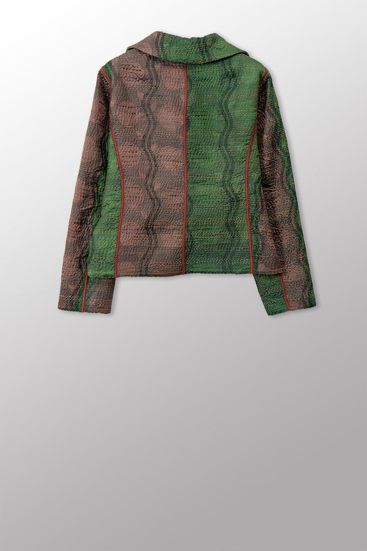VINTAGE PRINTED SILK CLAMP DYE WITH JACQUARD KANTHA CROPPED BASIC JACKET - sk4096-0001m -