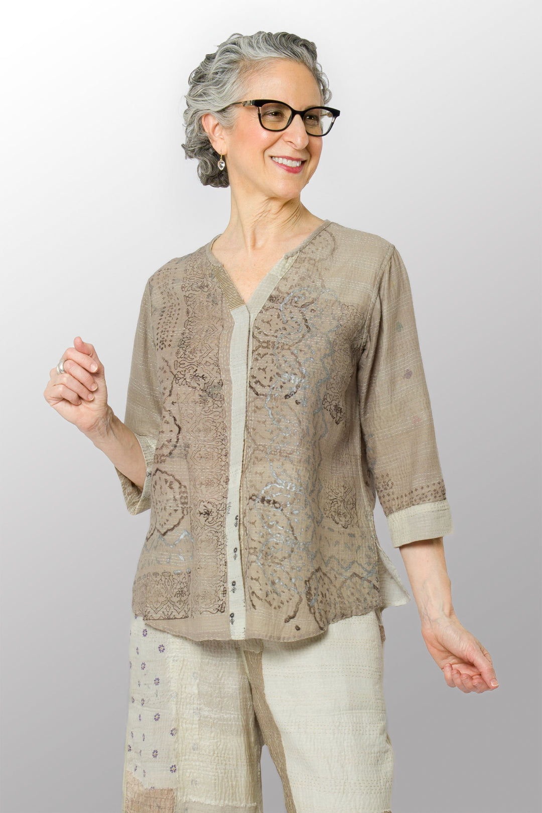 MOSAIC FRAY PATCH KANTHA KURTA TOP - zb2586-ivy -